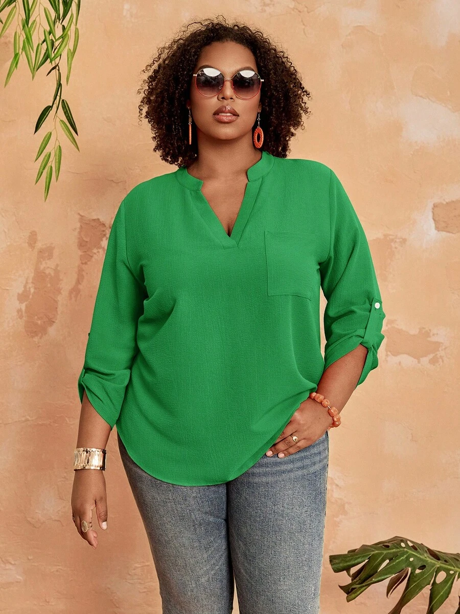 EMERY ROSE Women's Plus Size Solid Color Notch V-Neck Rolled Sleeve Shirt Fall - Green - View 1