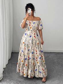 Elenzga Boho Plus Size Long Dress Apricot Random Print Off Shoulder A Line Flared Hem Shirred Puff Sleeve For Women - Apricot - View 4