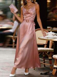 SHEIN Vestido midi de mujer de un solo color con tirantes finos - Rosa - Ver 5