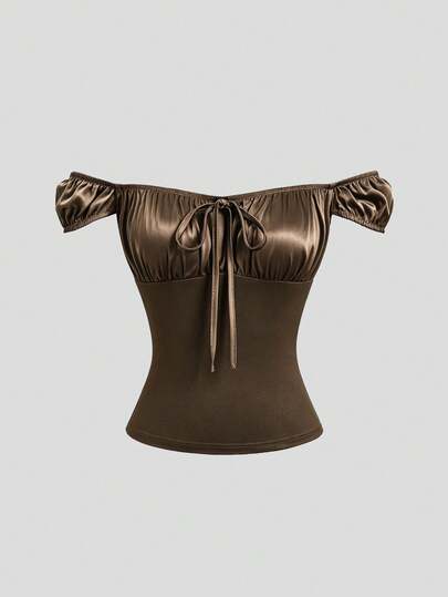 Sweetra Spring/Summer Maillard Style Vintage Square Neck Off-Shoulder Tie-Up Spicy Girl Blouse Shirt, Off-Shoulder Cutout, Chest Tie-Up, Ruched Detail, Cinched Waist, Patchwork Cut, Fashionable And Versatile