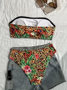 Swim Vcay 2pcs Women's Leopard Print Random Pattern Strapless Bikini Swimsuit Set, Suitable For Summer Beach Vacation Wear - Multicolor - View 2