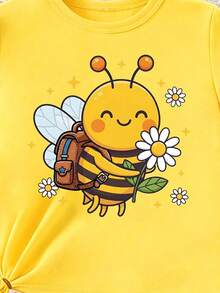 Summer Baby Girl Creative Fresh Cute Cartoon Bee Holding Flower Green Leaf Heart Pattern Print Casual Vacation Style Basic Short T-Shirt And Cycling Pants Set, Comfortable Daily Sports Outfit, Sets - Multicolor - View 6