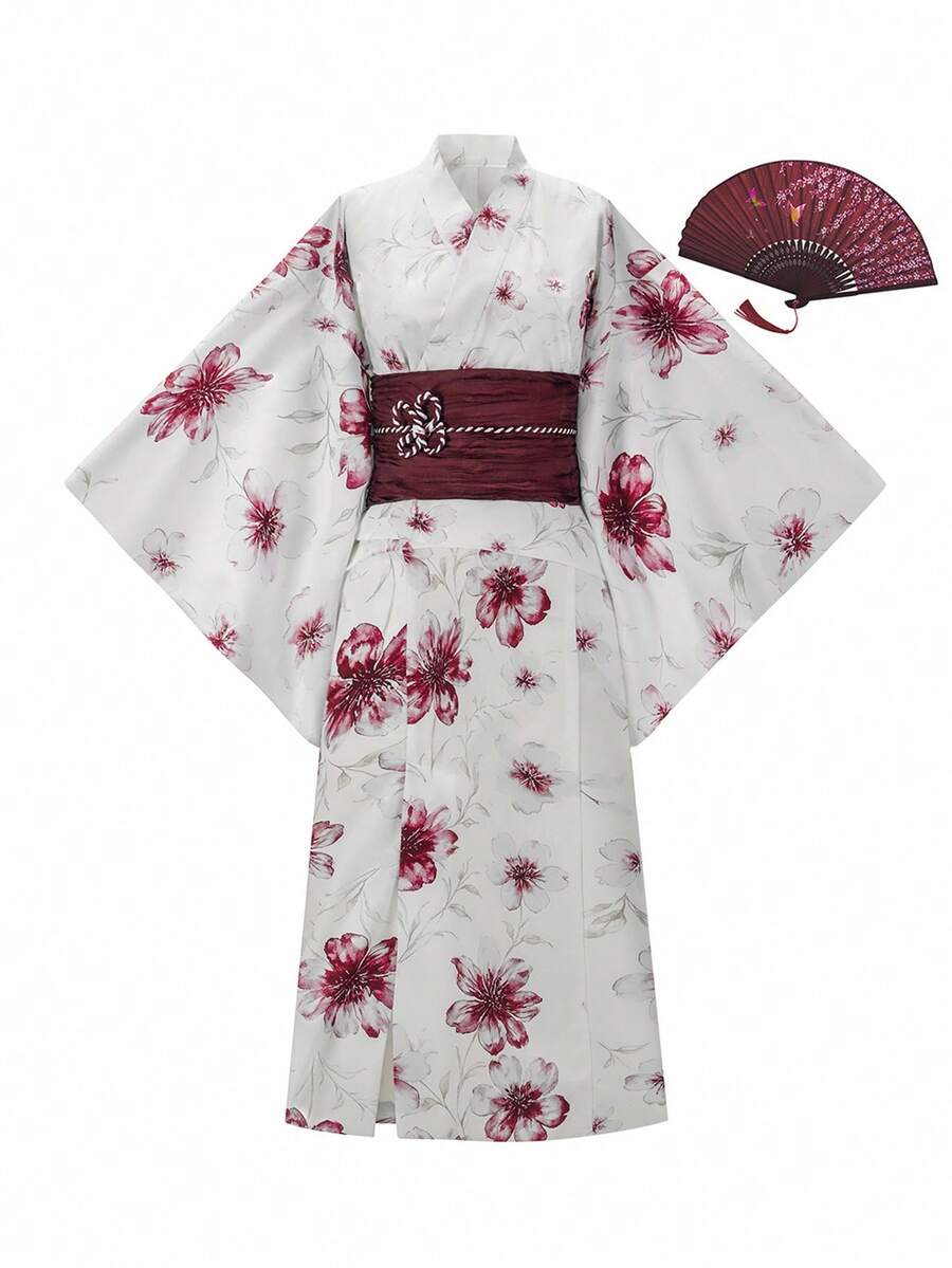 Irokai 日本传统女士蓝色印花和服浴衣 - 紅色 - 查看 1