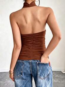 Rina Fox Summer Sexy Solid Color Backless Halter Top - Brown - View 2
