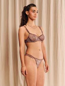 lacRébo Brown Floral Polka Dot Lace Underwired Bra With Ruffle Straps And Sexy Matching Thong - Brown - View 1