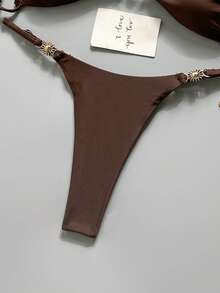 Swim Mod Women's Spring/Summer Solid Color Spaghetti Strap Metal Decor Bikini Set - Brown - View 6