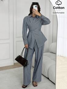 Solavon Conjunto de dos piezas estilo camisa versátil para uso diario y oficina, estilo Old Money coreano, con diseño envolvente que define la cintura - Azul Marino - Ver 6