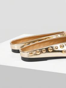 Mnmlis Women's Fashion Small Square Toe Rivet Shoes - Gold - View 3