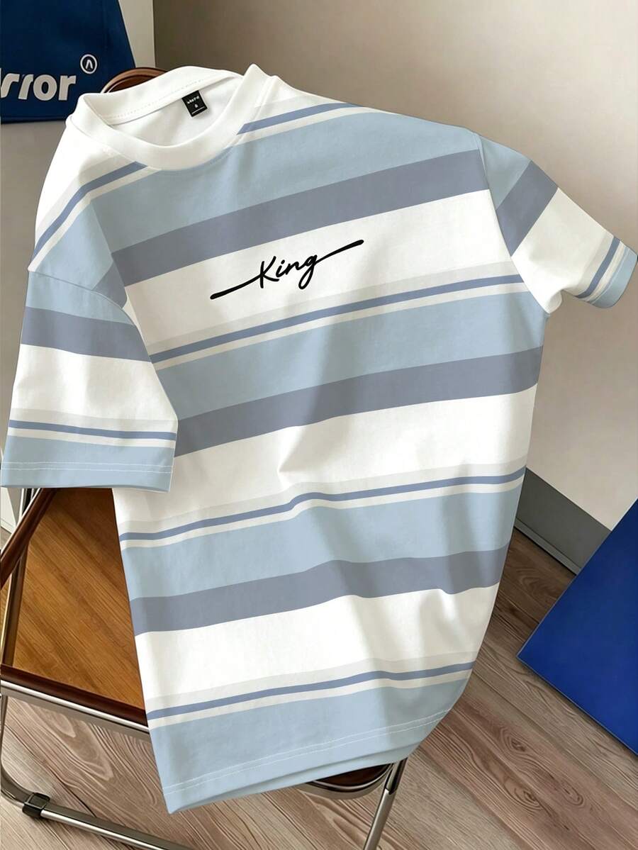 Manfinity Joysei Men's Summer Casual Letter Print Contrast Color Crew Neck Short Sleeve T-Shirt - Blue - View 1