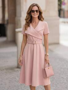 Miaspire Middle-Aged Elderly Women's Elegant Casual Solid Color Belted Commuter Summer Dress,Pink Festival Outfit,Formal Office Mother Of The Bride Outfits - Dusty Pink - View 6