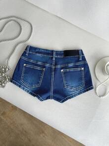 SHEIN Ultra Low Waist Contrast Stitch Denim Mini Shorts - Medium Wash - View 6
