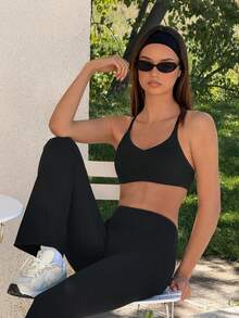 Fluxe Women's Solid Color Backless Halter Crop Top And Pants Sports Suit - Black - View 1