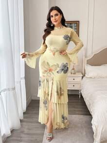 Modelyn Abito lungo da donna taglie forti in rete con maniche lunghe, stampa, aderente, elegante e casual per il pendolarismo - Giallo chiaro - Visualizzare 3