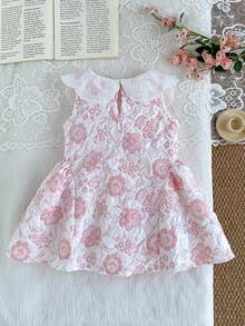 SHEIN Baby Girl 0-3 Years 1pc Summer & Autumn Casual And Cute Style Going Outfit, Flower Fabric Sleeveless Short Dress, Comfortable Clothing Suitable For Outdoor Activities, Peter Pan Collar Sweet Princess Dress With Lace Trim, Pink Summer Sleeveless Dress - Multicolor - View 3