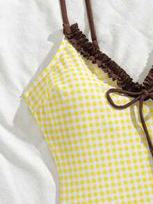 Swim Mod Maillot de bain une pièce pour femme, style vacances plage décontracté, patchwork rétro imprimé marron, col en V + bordure à volants, bretelles spaghetti, dos ouvert, design à nouer devant, idéal pour le sport & la plage, les vacances de printemps & la saison estivale. Maillot de bain 2026. Maillot de bain style français. Maillot de bain été européen. Tenue d'été - Multicolore - Voir 7