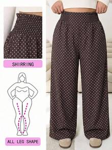 SHEIN EZwear Plus Size Women's Brown Polka Dot Print Elastic Waist Casual Pants - Brown - View 1