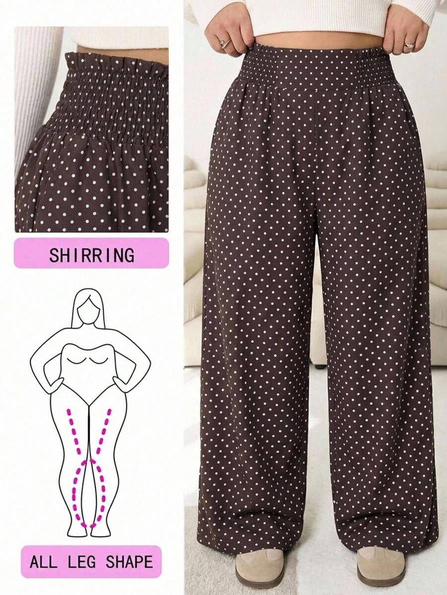 SHEIN EZwear Plus Size Women's Brown Polka Dot Print Elastic Waist Casual Pants - Brown - View 1