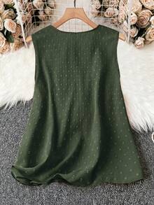 EMERY ROSE Plus Size Women's Spring/Summer Mid-Length Pom Pom Jacquard Fabric Simple Loose Fit Sleeveless Pullover Shirt Formal Evening Olive Green Elegant - Dark Green - View 2