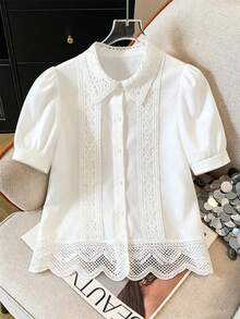 Qadelle Women's Lace Patchwork Single-Breasted Casual Versatile Daily Wear Shirt - White - View 1