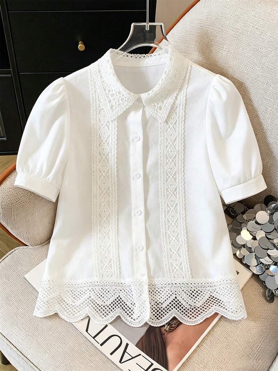 Qadelle Women's Lace Patchwork Single-Breasted Casual Versatile Daily Wear Shirt - White - View 1