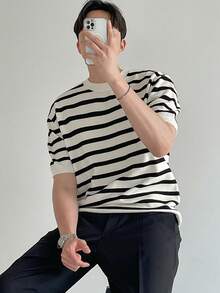 DAZY Camiseta de punto de verano para hombre con estampado de rayas - Beis - Ver 10