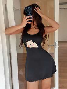 Napfluff 卡通图案生菜边饰吊带睡衣睡裙 - 黑色 - 查看 6