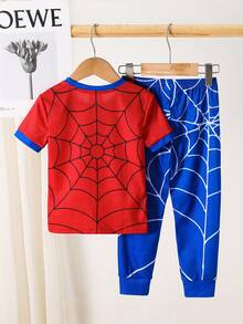 SHEIN Young Boy Casual Simple Slim Fit Comfortable Crew Neck Short Sleeve Long Pants Tight Home Wear Suitable For Spring And Summer, Classic Handsome Spider Web, Spider Hero Character Pattern Print - Multicolor - View 6