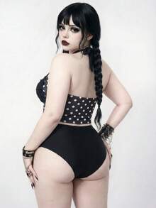 ROMWE Goth 大尺碼女款夏季海灘掛脖波點上衣與三角比基尼泳褲套裝 - 黑與白 - 查看 2