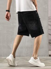 QuarKem Celana Pendek Denim Kasual Longgar dengan Saku Sobek Polos untuk Pria, Cocok untuk Nongkrong, Pesta, Liburan, dan Jalanan - Dark Grey - View 2
