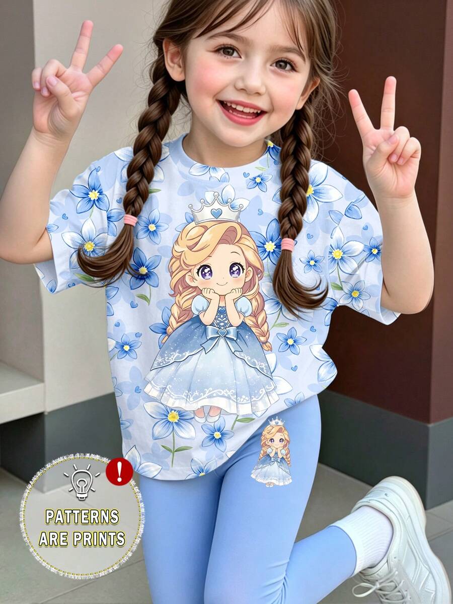 女童幼童清新藍色花卉卡通公主皇冠蝴蝶結愛心印花基本款短袖T恤與內搭褲套裝,休閒日常穿搭 - 彩色 - 查看 1