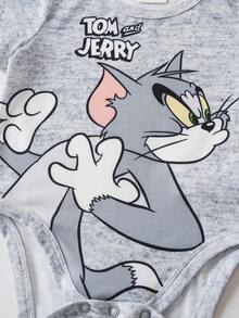 TOM & JERRY X SHEIN 男嬰卡通印花圓領短袖休閒連身衣 - 彩色 - 查看 4