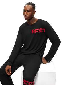 Rest Era Men's Black Pajama Set With Round Neck Long Sleeve Top,RFST Red Letter Printed Pants,Autumn Casual Gym Style Homewear For Daily Wear - Black - View 1