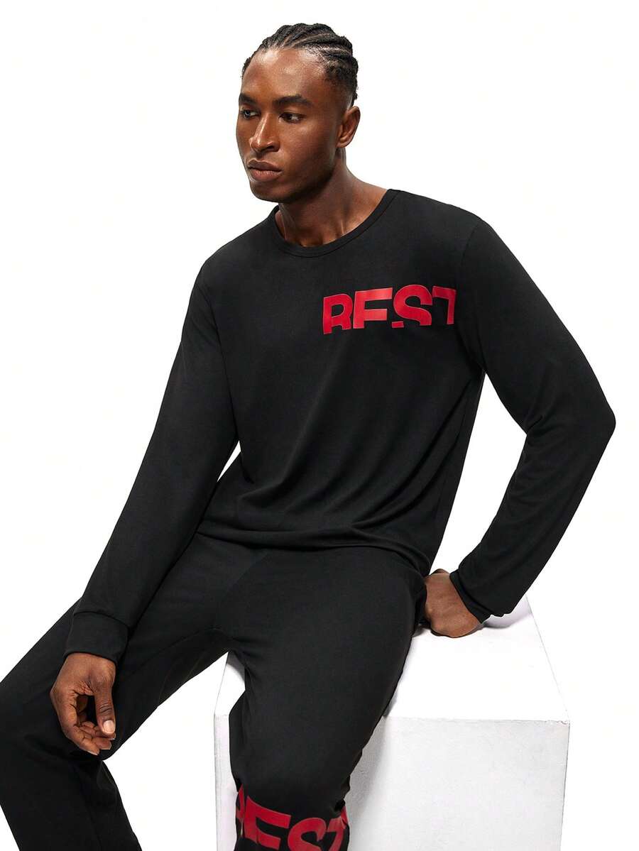 Rest Era Men's Black Pajama Set With Round Neck Long Sleeve Top,RFST Red Letter Printed Pants,Autumn Casual Gym Style Homewear For Daily Wear - Black - View 1