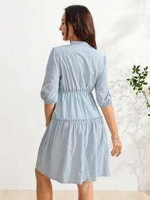 SHEIN Maternity Solid Color Notch V-Neck Short Sleeve Casual Nursing Dress Baby Shower Summer - Blue - View 2
