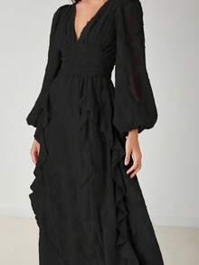 Enchnt Vestido largo elegante de unicolor con volantes para mujer - Negro - Ver 2