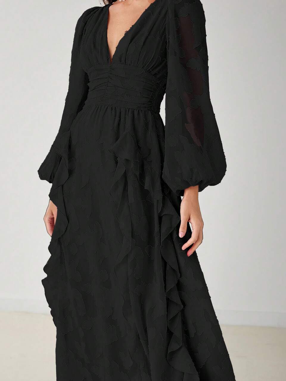 Enchnt Women's Elegant Romantic Solid Color Ruffle Long Dress Dinner Black Autumn Wedding Garden Party