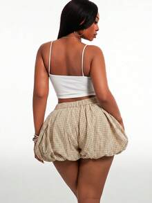 SHEIN SXY Plus Size Women's Plaid Pattern High Waist Pleated Puff Shorts - Apricot - View 2