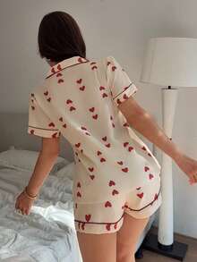 Dream Adore Conjunto de pijama con estampado de corazones y ribete de contraste - Beis - Ver 2