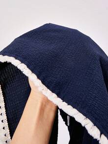 SHEIN 2件組 青少年女孩時尚新款春夏休閒編織泡泡雪紡櫻桃數位印花收腰吊帶上衣與編織數位印花鬆緊腰短褲，度假日常休閒套裝 - 藏蓝色 - 查看 6