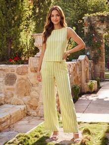 KARISMINA 2pcs/Set Women Solid Color Woven Fitted Tank Top & High Waist Loose Straight Pants Set Spring Outfits For Tropical Vacation Woman Clothes Linen Island - Light Yellow - View 6