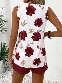 EMERY ROSE Setelan Dua Potong Wanita Tanpa Lengan Leher V, Kasual Minimalis Bergaris - Burgundy - View 2