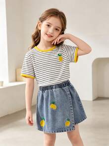 SHEIN Playful Pals 返校季女孩休閒可愛圓領標準肩彩色黑白條紋T恤與純色牛仔裙褲檸檬刺繡套裝，夏季時尚百搭舒適清新穿搭 - 黃色 - 查看 9