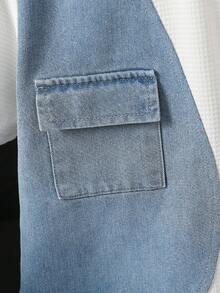 SHEIN Genkimix Kids Ensemble de shorts en denim tricoté patchwork bleu moyen délavé pour garçons, design ample et confortable, taille élastique, jambe droite ample, style décontracté polyvalent et mode d'été - Bleu azur - Voir 3