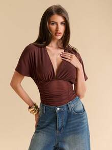 SHEIN BAE Body in rete marrone primavera/estate, scollo a V profondo, maniche a pipistrello, arricciato, trasparente, senza schienale, con lacci, aderente, sexy, per discoteca e feste, strato base - Castano - Visualizzare 4