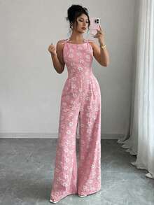 SHEIN Elenzya 女款肩部蝴蝶結與雛菊提花面料收腰寬腿長褲優雅日常通勤連身褲 - 粉色 - 查看 6