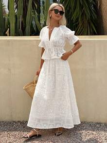 DAZY Women's Lace Loose Waist-Cinched Tie-Front Blouse And Mid-Length Skirt 2 Pieces Set - White - View 5