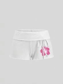 SHEIN EZwear 休閒簡約粉色花卉印花圖案女款短褲，適合夏季 - 白色 - 查看 4
