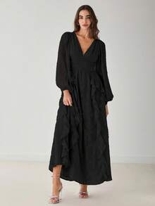 Enchnt Vestido largo elegante de unicolor con volantes para mujer - Negro - Ver 3