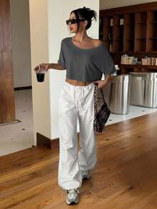 SHEIN EZwear 純棉舒適性感露肩休閒深灰色針織女款寬鬆單肩大領口T恤，時尚 - 深灰色 - 查看 5