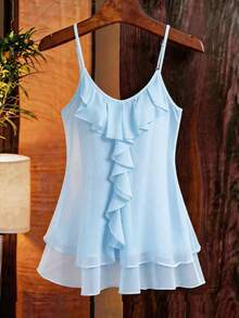 GlowEve CURVE Plus Size Women's Best-Selling Elegant Chiffon Double Layer Ruffle Asymmetrical Camisole Tank Top, Suitable For Daily Commute, Slimming, Versatile, Outings, Gatherings, Photos, Vacation And Travel - Blue - View 1